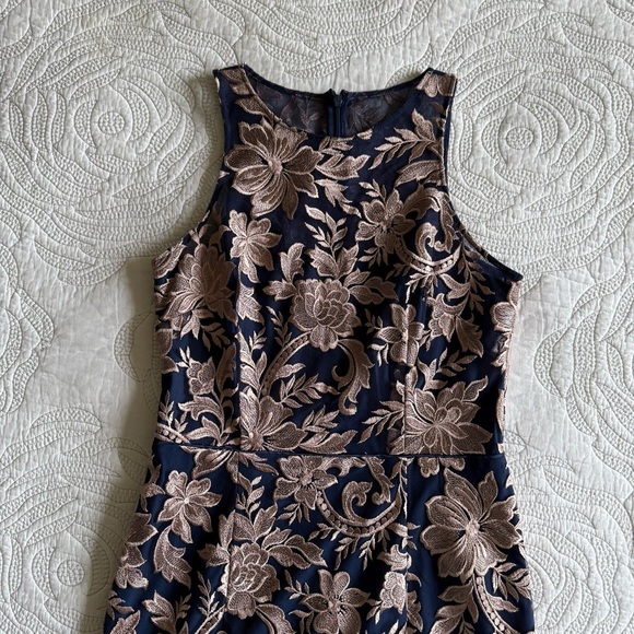 JS Collections - Embroidered Halter Gown - Latte/ Navy - Picture 3 of 15